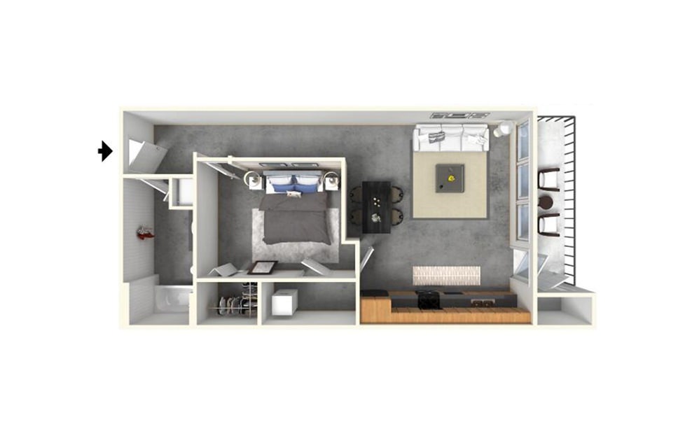 1 | 1 - 1 bedroom floorplan layout with 1 bath and 720 square feet.