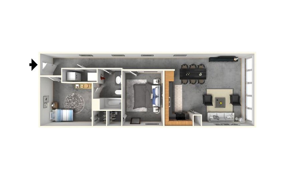 2 | 1 - 2 bedroom floorplan layout with 1 bath and 972 square feet.