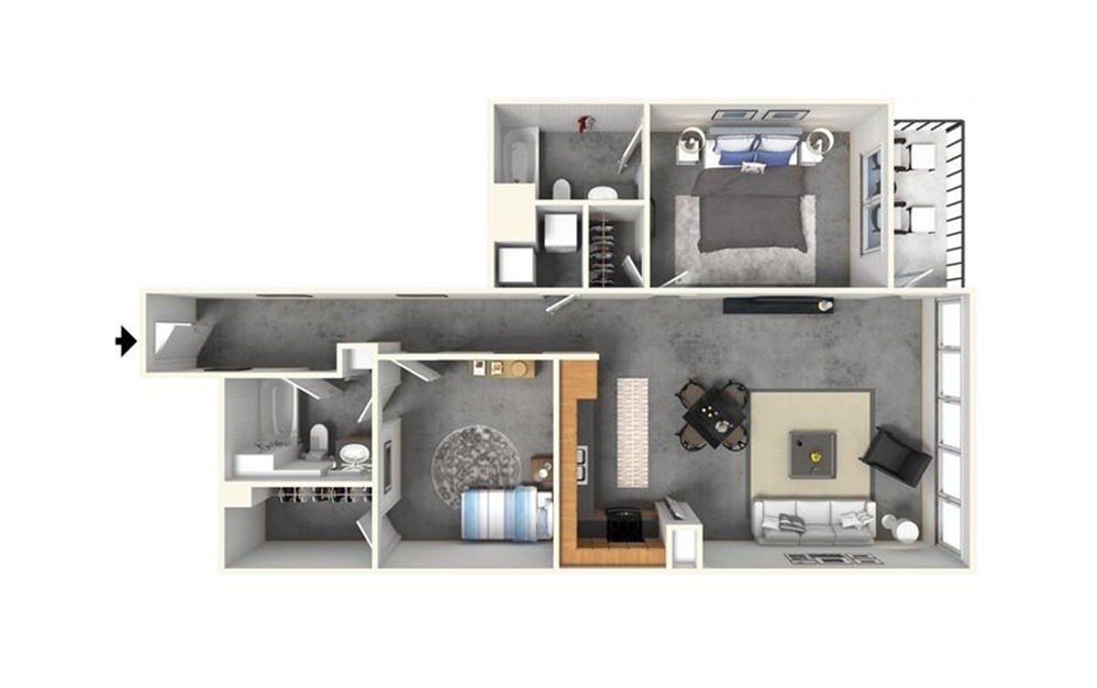 2 | 2 w/ Balcony - 2 bedroom floorplan layout with 2 bathrooms and 1367 square feet