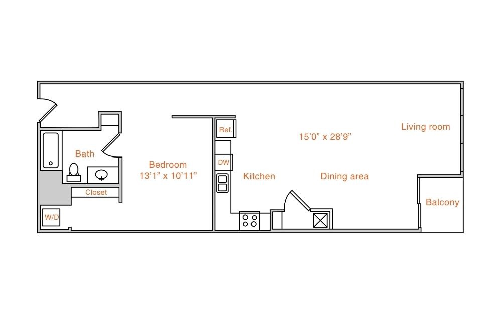 A3 - 1 bedroom floorplan layout with 1 bathroom and 972 square feet