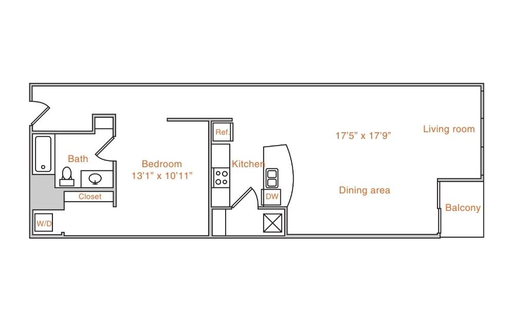A2 - 1 bedroom floorplan layout with 1 bathroom and 972 square feet