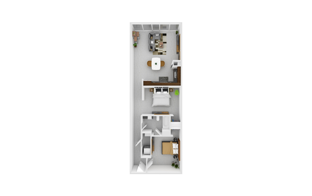 B1 Renovated - 2 bedroom floorplan layout with 1 bathroom and 972 square feet (3D)