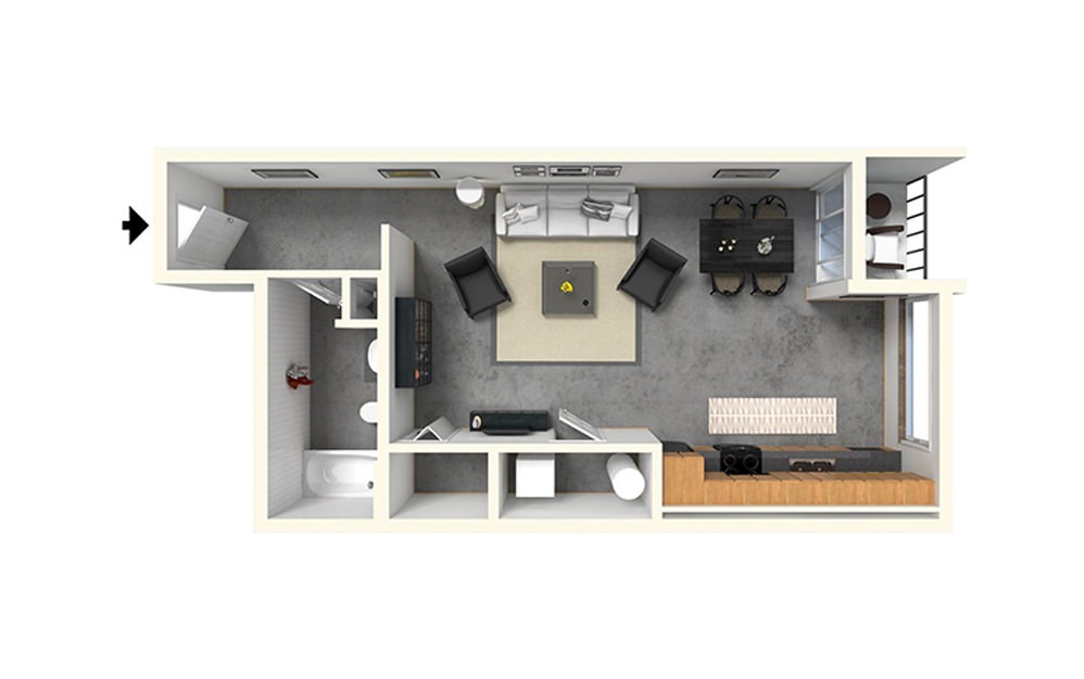 Studio - Studio floorplan layout with 1 bath and 630 square feet.